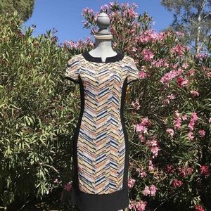 Joseph Ribkoff Black and Multicolor Chevron Midi Dress Women's Size Medium